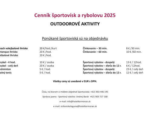 Cenník športovísk a rybolovu 2025